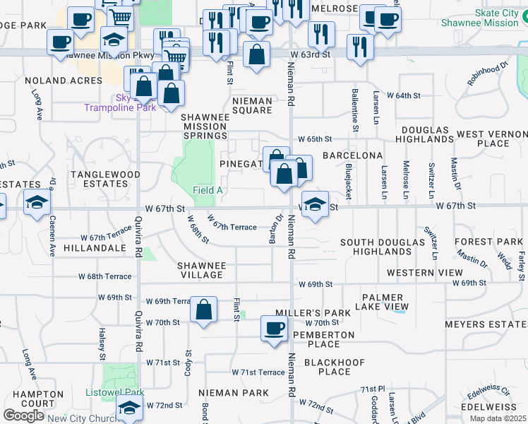 map of restaurants, bars, coffee shops, grocery stores, and more near 11211 West 67th Street in Shawnee