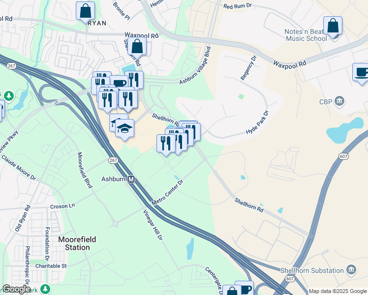 map of restaurants, bars, coffee shops, grocery stores, and more near 43800 Central Station Drive in Ashburn