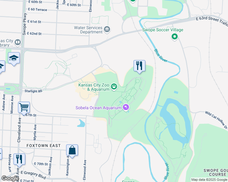 map of restaurants, bars, coffee shops, grocery stores, and more near 6800 Zoo Drive in Kansas City