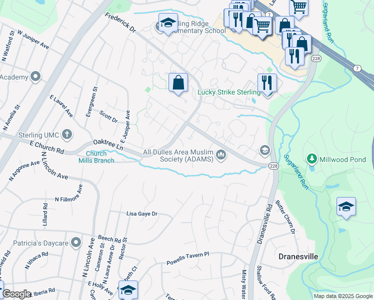 map of restaurants, bars, coffee shops, grocery stores, and more near 21980 Amin Court in Sterling