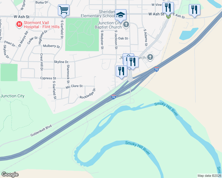 map of restaurants, bars, coffee shops, grocery stores, and more near 1334 South Jackson Street in Junction City