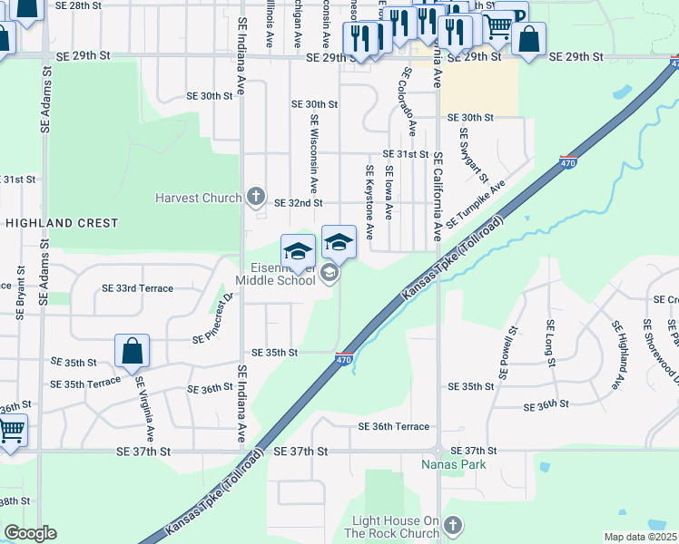 map of restaurants, bars, coffee shops, grocery stores, and more near 3305 Southeast Minnesota Avenue in Topeka