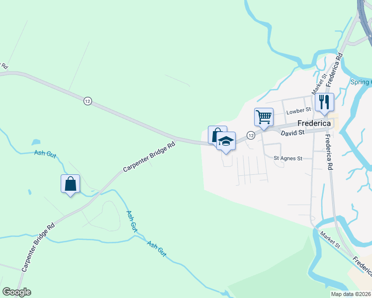 map of restaurants, bars, coffee shops, grocery stores, and more near 5168 Johnny Cake Landing Road in Frederica