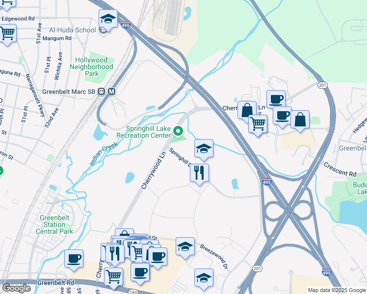 map of restaurants, bars, coffee shops, grocery stores, and more near 6004 Springhill Drive in Greenbelt