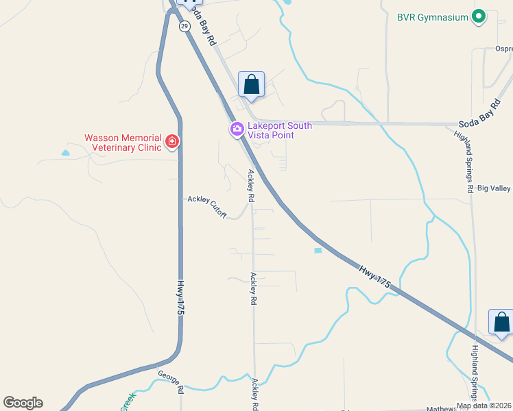 map of restaurants, bars, coffee shops, grocery stores, and more near 3302 Ackley Road in Lakeport