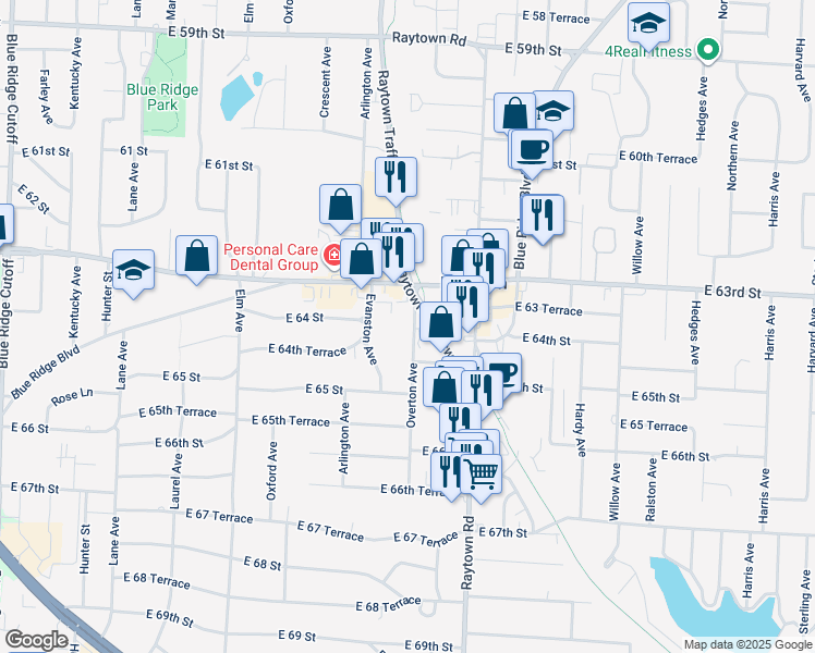 map of restaurants, bars, coffee shops, grocery stores, and more near 6328 Overton Avenue in Raytown