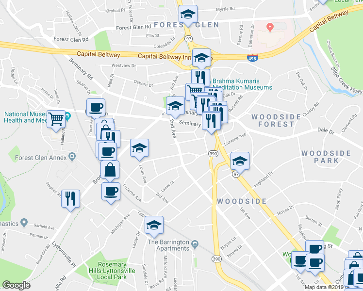 map of restaurants, bars, coffee shops, grocery stores, and more near 1916 Rookwood Road in Silver Spring