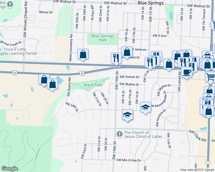 map of restaurants, bars, coffee shops, grocery stores, and more near 915 Southwest 19th Street in Blue Springs