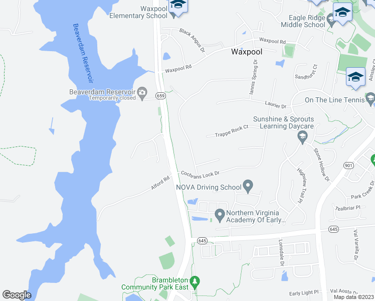map of restaurants, bars, coffee shops, grocery stores, and more near 22075 Auction Barn Drive in Ashburn