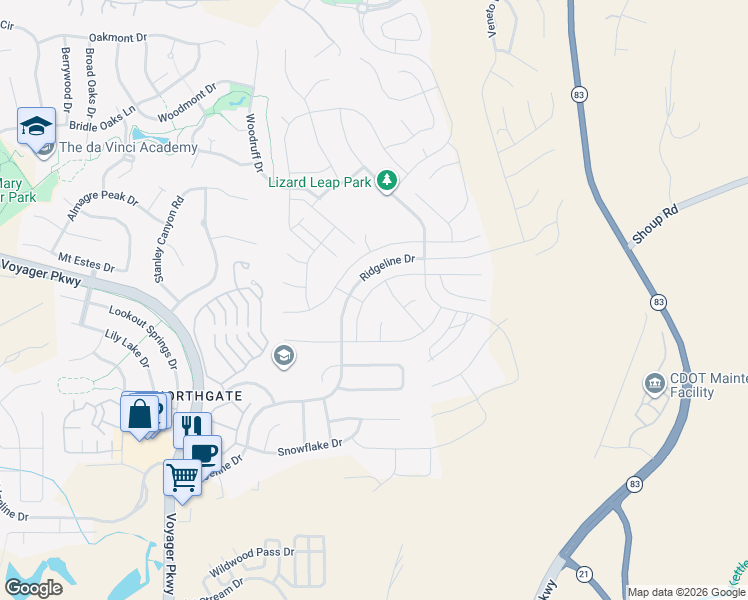 map of restaurants, bars, coffee shops, grocery stores, and more near 12140 Piledriver Way in Colorado Springs