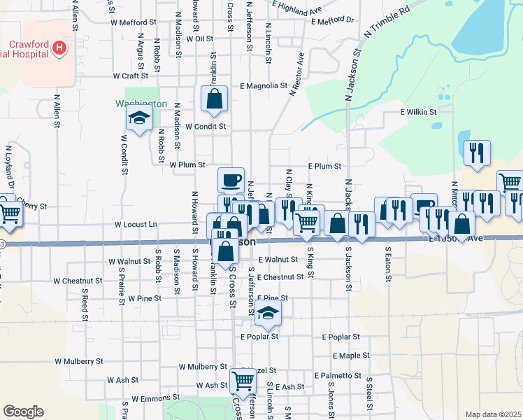 map of restaurants, bars, coffee shops, grocery stores, and more near 201-299 East Cherry Street in Robinson
