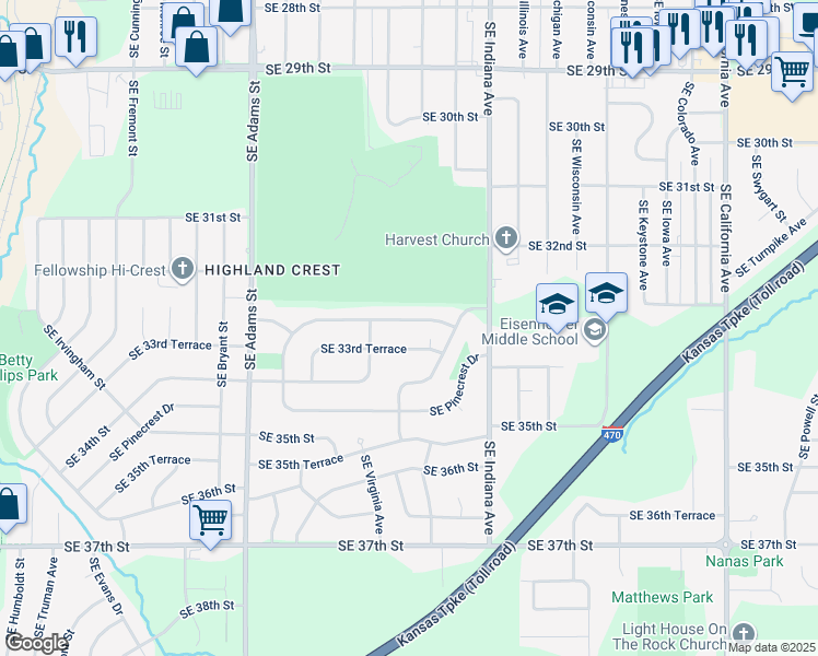 map of restaurants, bars, coffee shops, grocery stores, and more near 1103 Southeast 33rd Street in Topeka