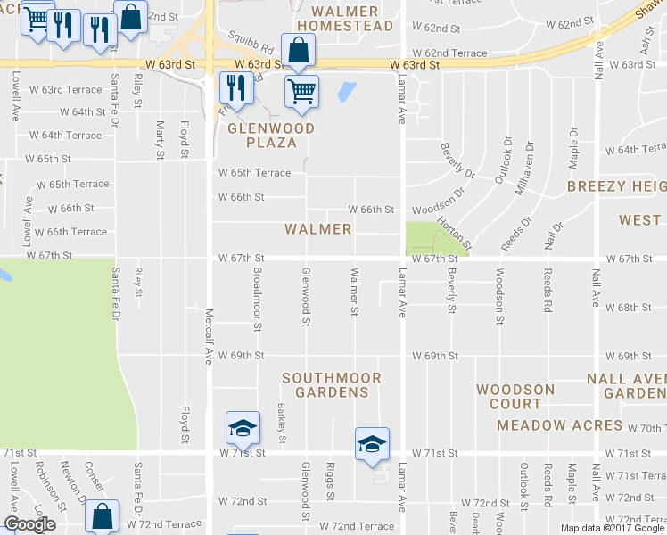 map of restaurants, bars, coffee shops, grocery stores, and more near 6521 West 67th Street in Mission