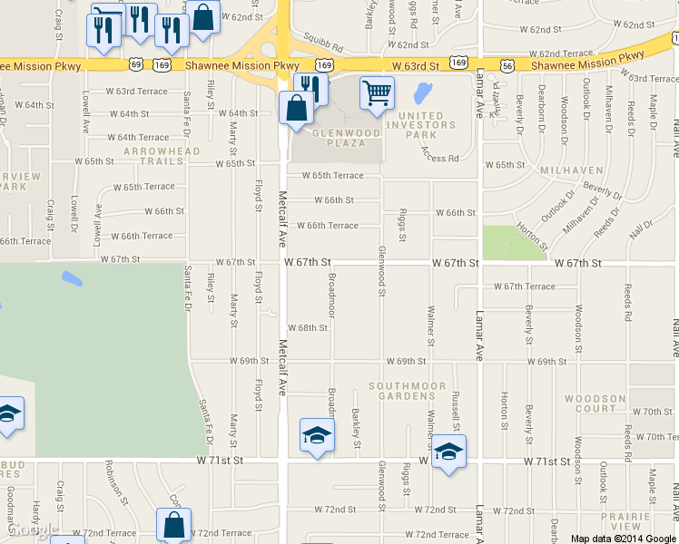 map of restaurants, bars, coffee shops, grocery stores, and more near 6815 West 67th Street in Mission