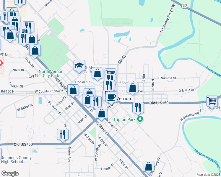 map of restaurants, bars, coffee shops, grocery stores, and more near 408 East O and M Avenue in North Vernon
