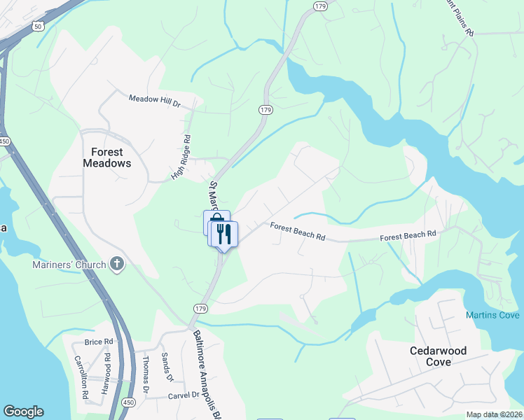 map of restaurants, bars, coffee shops, grocery stores, and more near 179 Hollyhock Lane in Annapolis