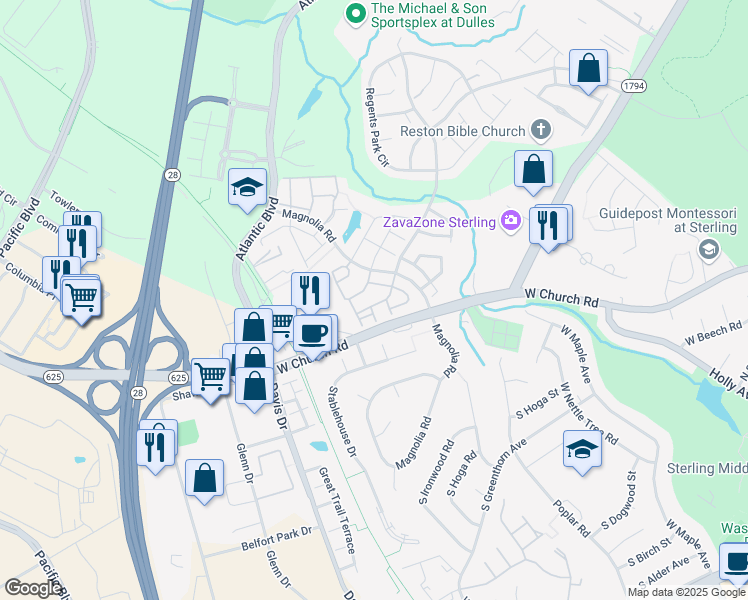 map of restaurants, bars, coffee shops, grocery stores, and more near 22007 Guilford Station Terrace in Sterling