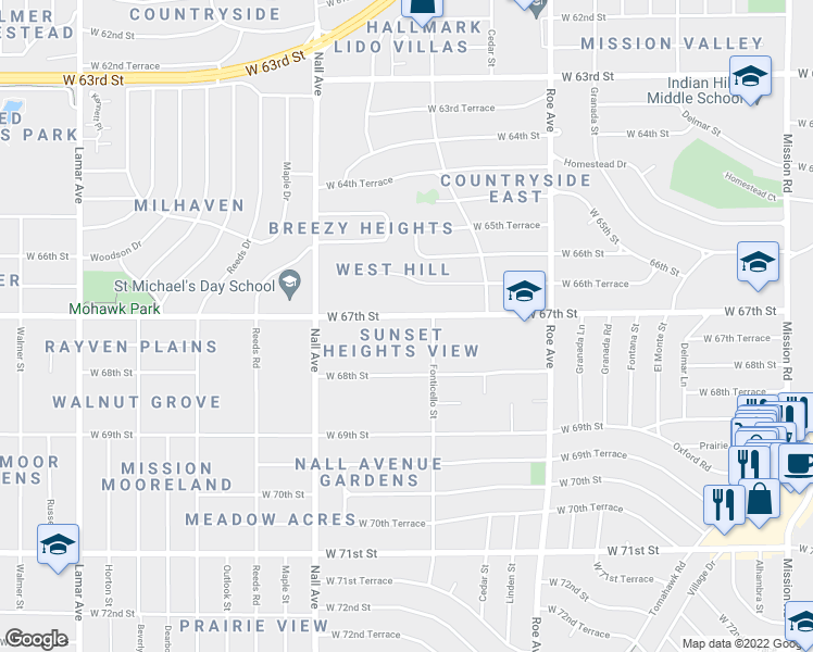 map of restaurants, bars, coffee shops, grocery stores, and more near 5117 West 67th Street in Prairie Village