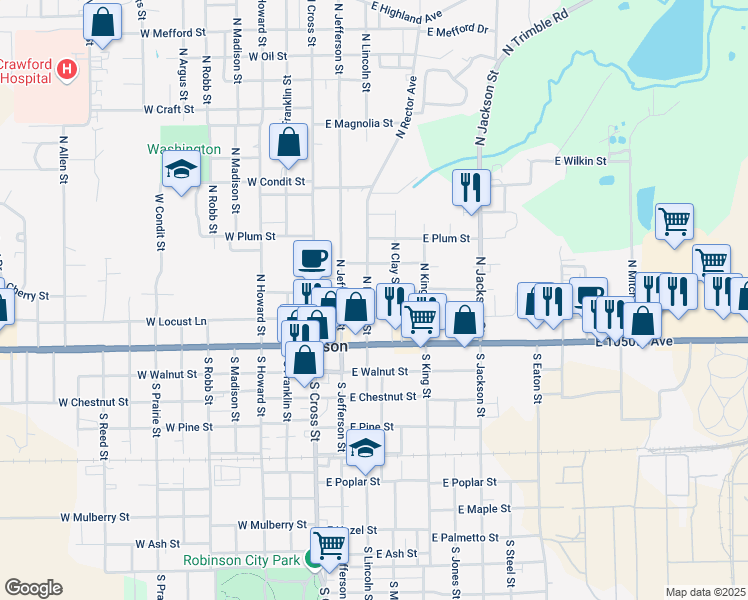 map of restaurants, bars, coffee shops, grocery stores, and more near in Robinson