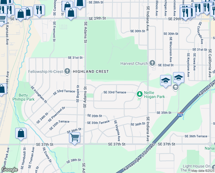 map of restaurants, bars, coffee shops, grocery stores, and more near 831 Southeast 33rd Street in Topeka