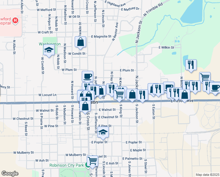 map of restaurants, bars, coffee shops, grocery stores, and more near in Robinson
