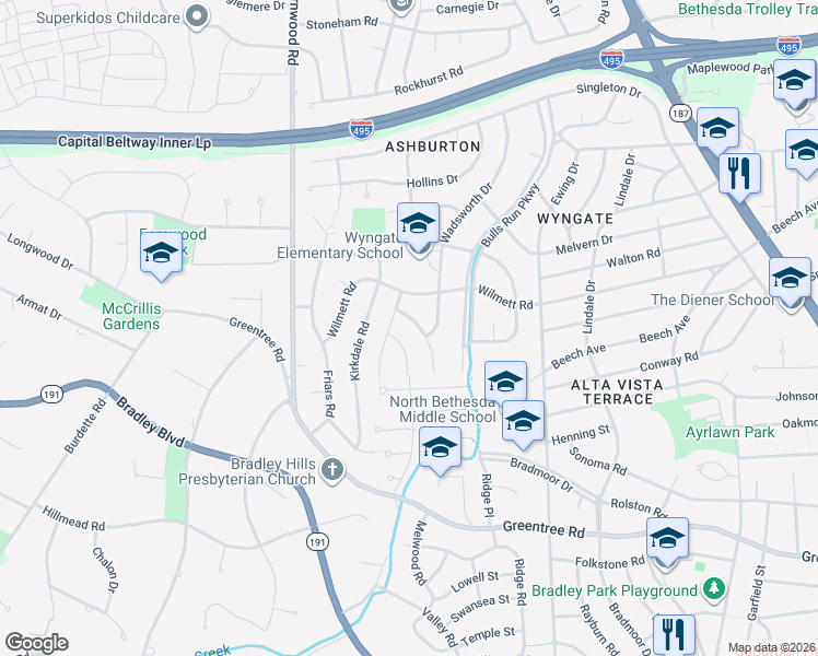 map of restaurants, bars, coffee shops, grocery stores, and more near 9218 Shelton Street in Bethesda