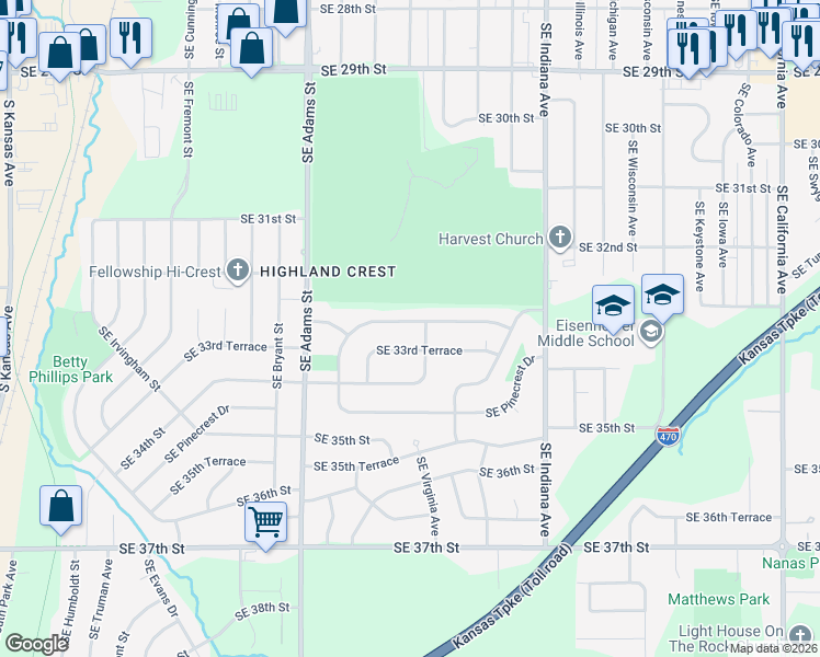 map of restaurants, bars, coffee shops, grocery stores, and more near 1001 Southeast 33rd Street in Topeka