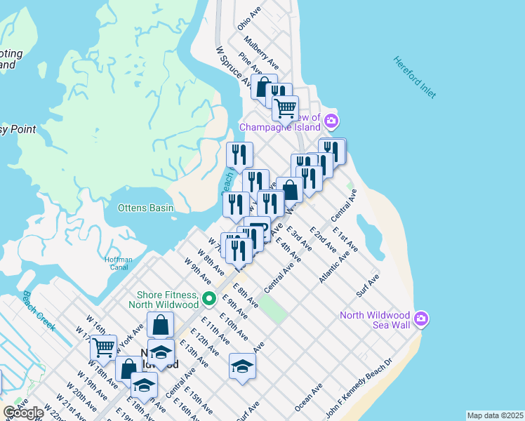 map of restaurants, bars, coffee shops, grocery stores, and more near 130 West 3rd Avenue in North Wildwood