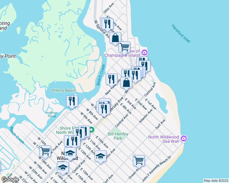 map of restaurants, bars, coffee shops, grocery stores, and more near 125 West 3rd Avenue in North Wildwood