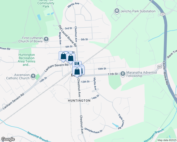 map of restaurants, bars, coffee shops, grocery stores, and more near 13123 10th Street in Bowie