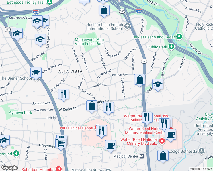 map of restaurants, bars, coffee shops, grocery stores, and more near Acacia Avenue in Bethesda