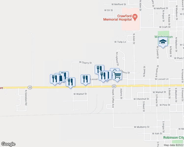 map of restaurants, bars, coffee shops, grocery stores, and more near 205 Sunset Boulevard in Robinson