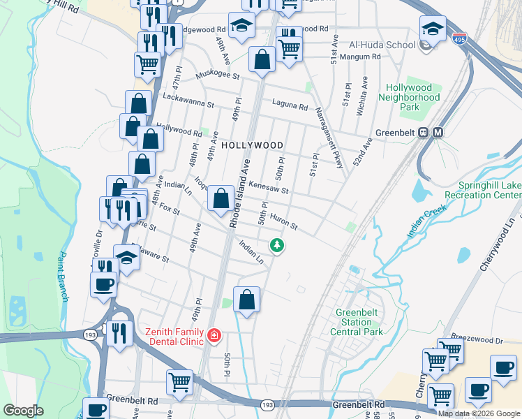map of restaurants, bars, coffee shops, grocery stores, and more near 5012 Huron Street in College Park