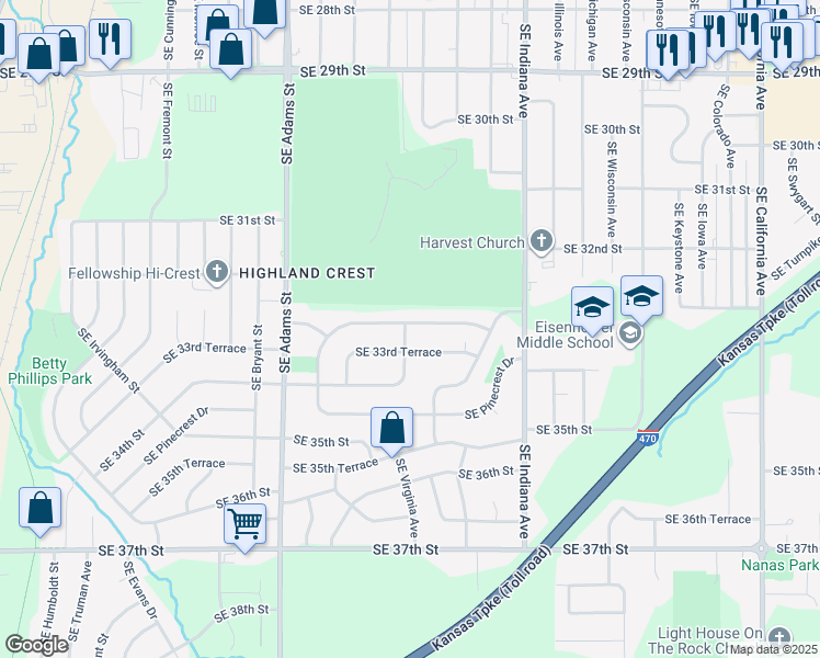 map of restaurants, bars, coffee shops, grocery stores, and more near 1001 Southeast 33rd Street in Topeka