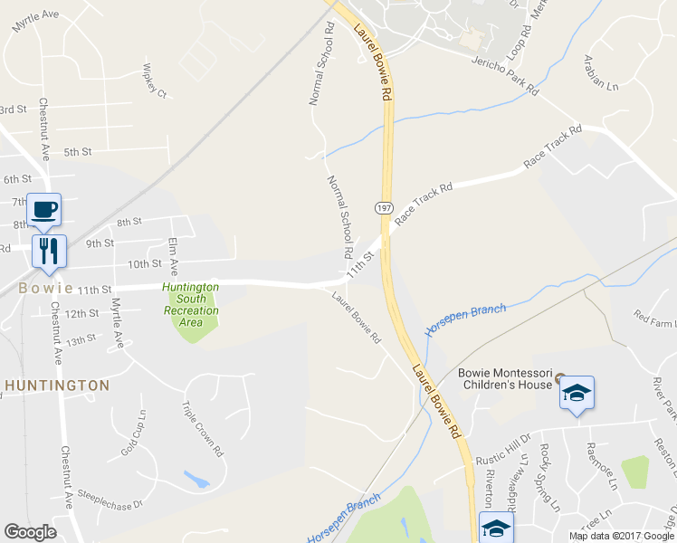 map of restaurants, bars, coffee shops, grocery stores, and more near 8600 Normal School Road in Bowie