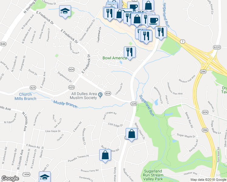 map of restaurants, bars, coffee shops, grocery stores, and more near 12423 Willow Falls Drive in Herndon