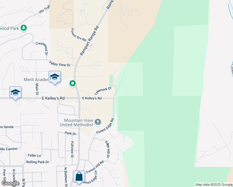 map of restaurants, bars, coffee shops, grocery stores, and more near 1221 Forest Edge Road in Woodland Park