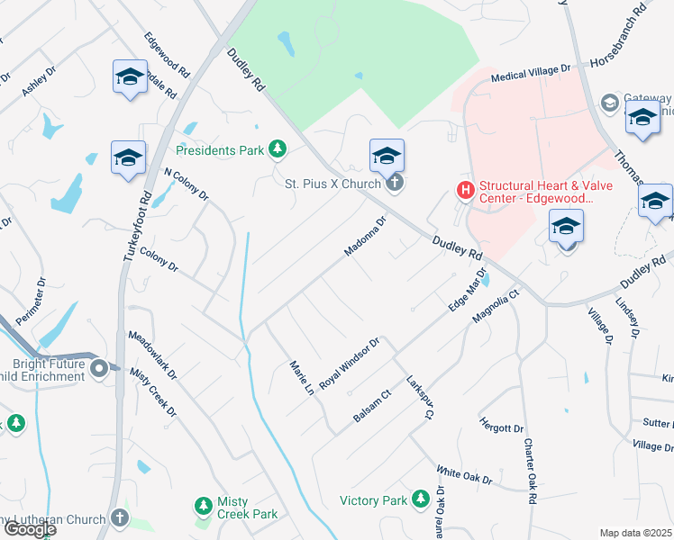 map of restaurants, bars, coffee shops, grocery stores, and more near 3109 Madonna Drive in Edgewood