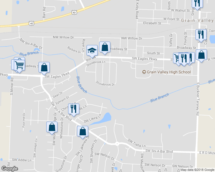 map of restaurants, bars, coffee shops, grocery stores, and more near 901 Stonebrook Drive in Grain Valley