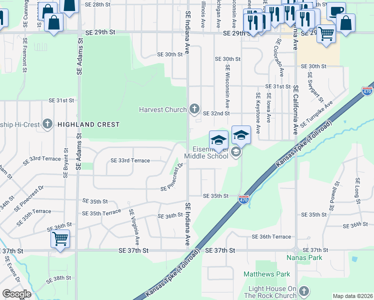 map of restaurants, bars, coffee shops, grocery stores, and more near 3302 Southeast Indiana Avenue in Topeka