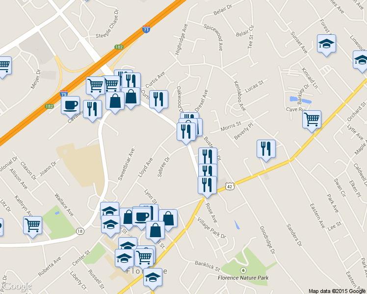 map of restaurants, bars, coffee shops, grocery stores, and more near 6814 Sebree Drive in Florence