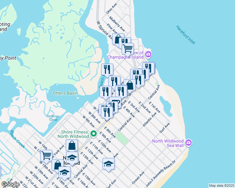 map of restaurants, bars, coffee shops, grocery stores, and more near 130 West 3rd Avenue in North Wildwood