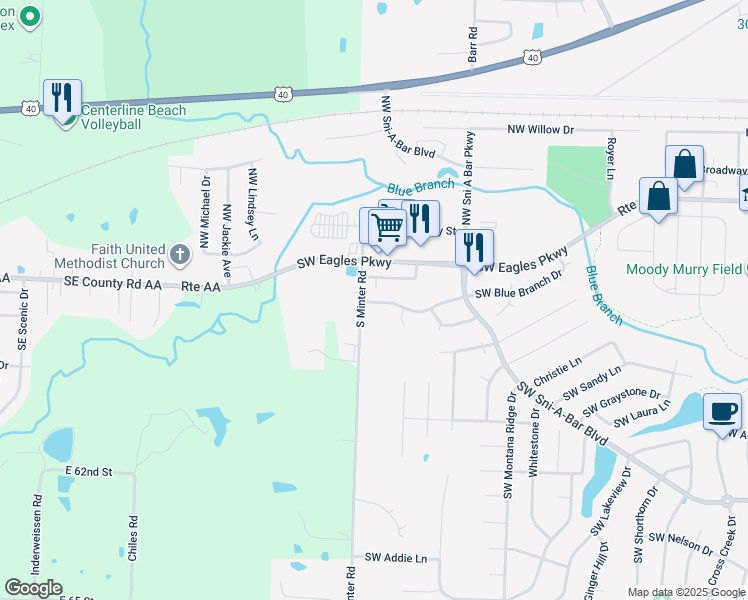 map of restaurants, bars, coffee shops, grocery stores, and more near 1428 Southwest Blue Branch Drive in Grain Valley