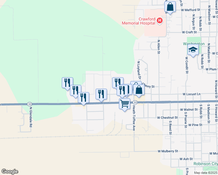 map of restaurants, bars, coffee shops, grocery stores, and more near 205 Sunset Boulevard in Robinson
