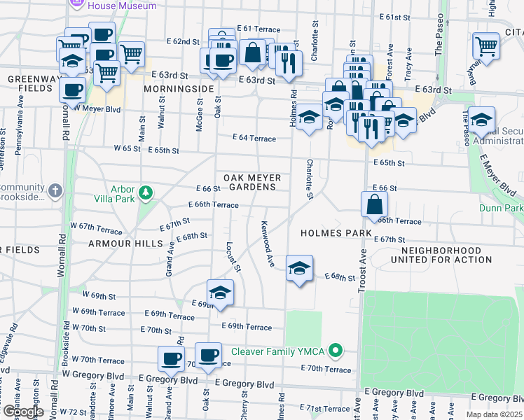 map of restaurants, bars, coffee shops, grocery stores, and more near 615 East 66th Terrace in Kansas City