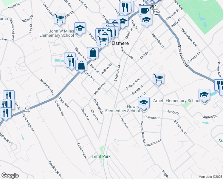 map of restaurants, bars, coffee shops, grocery stores, and more near 4203 Ada Court in Elsmere