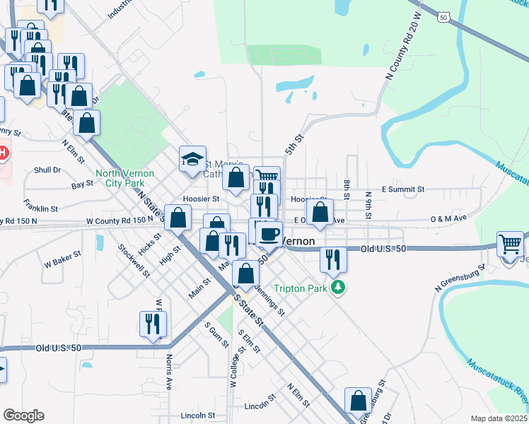 map of restaurants, bars, coffee shops, grocery stores, and more near 408 East O and M Avenue in North Vernon