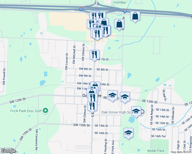 map of restaurants, bars, coffee shops, grocery stores, and more near 804 Southeast Austin Street in Oak Grove
