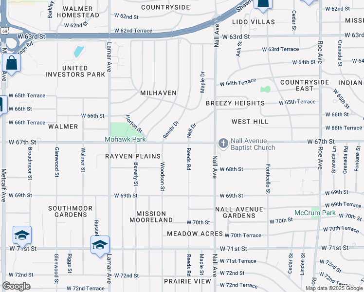 map of restaurants, bars, coffee shops, grocery stores, and more near 6701 Reeds Road in Overland Park