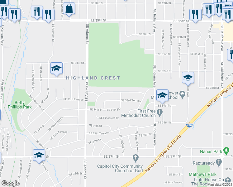 map of restaurants, bars, coffee shops, grocery stores, and more near 1001 Southeast 33rd Street in Topeka